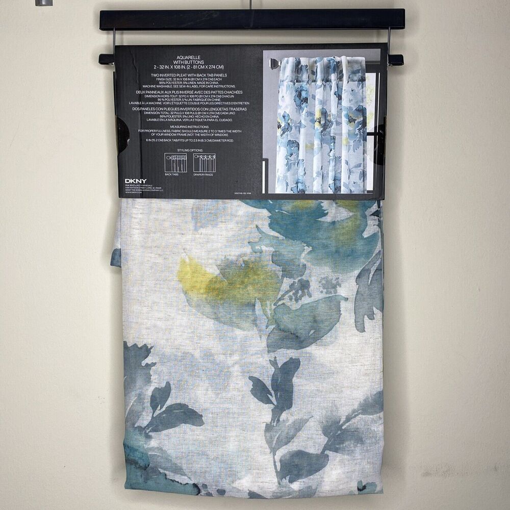 DKNY Aquarelle Window Curtains 2 Panels Inverted Pleat Blue Floral 32 x 108 NEW - Picture 2 of 6